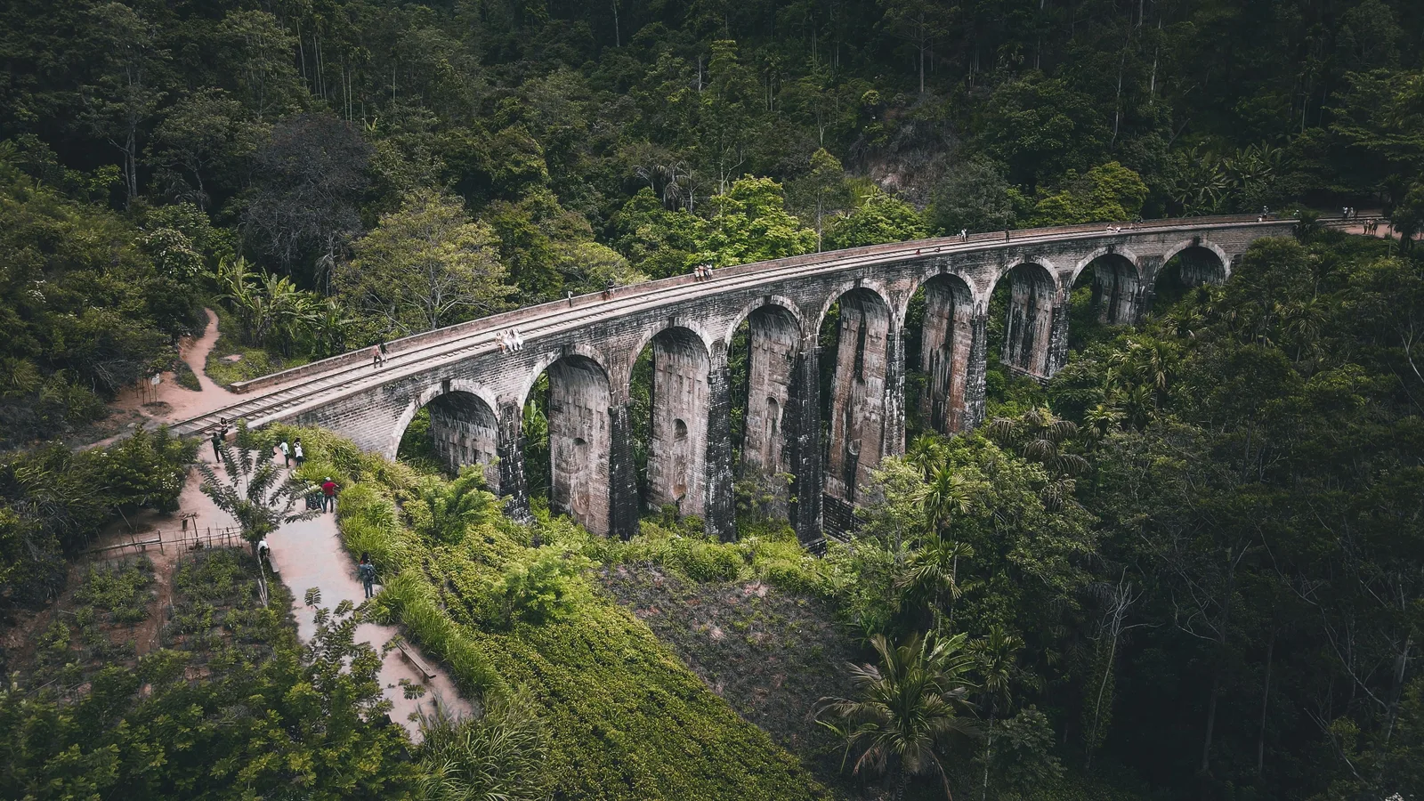 Scenic train journey curving along highland viaducts